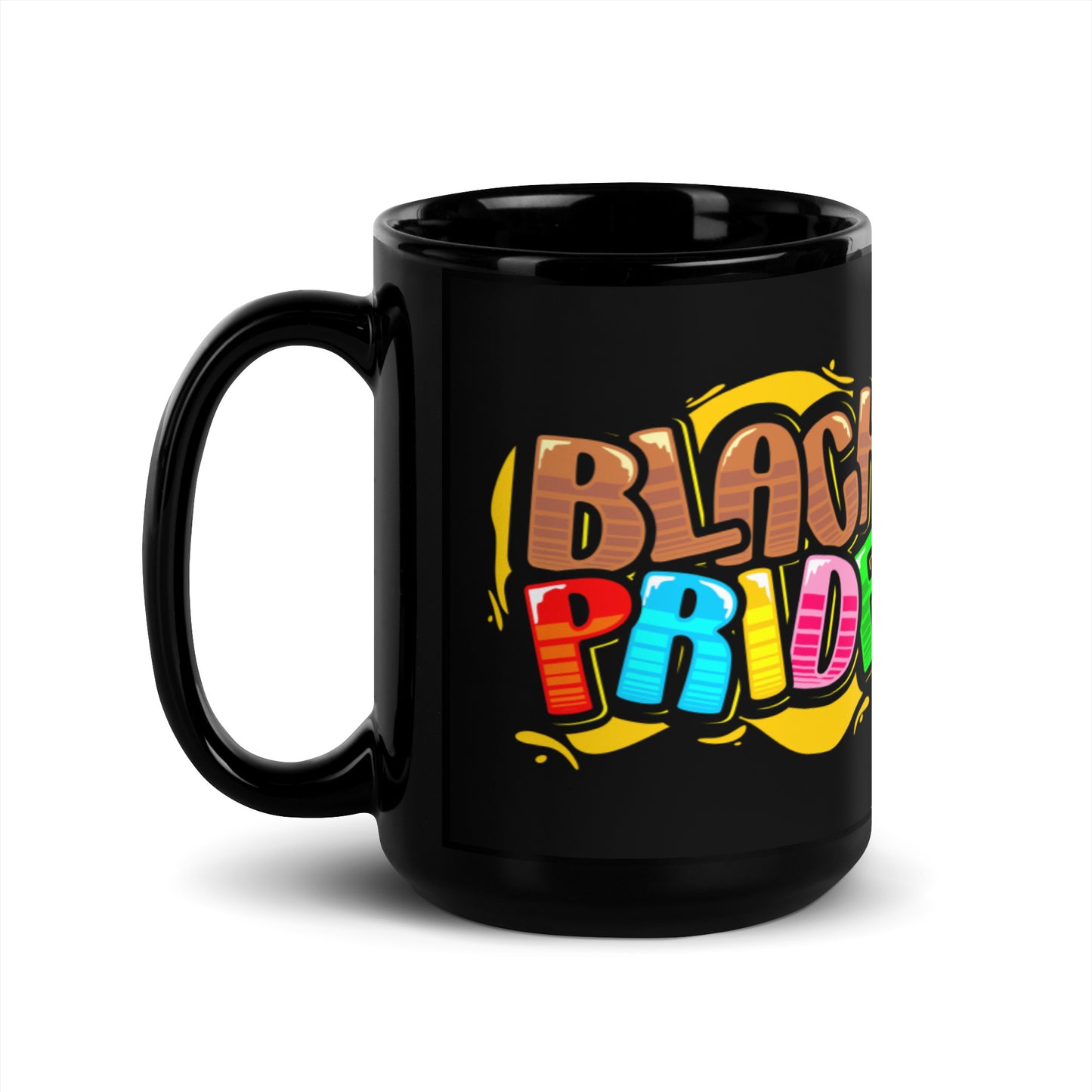 BLACK PRIDE rainbow bubble font black mug